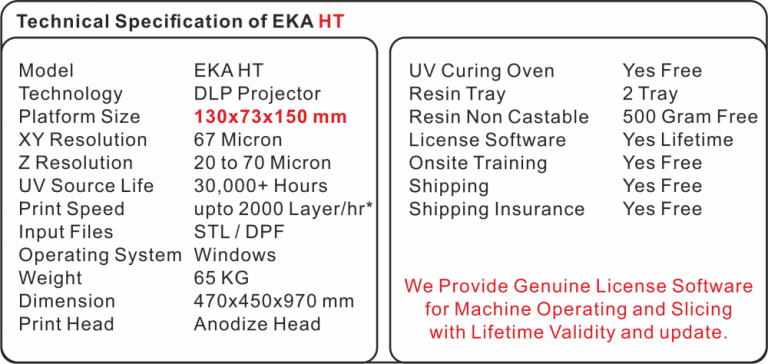 technical specification of eka ht 3d printer machine