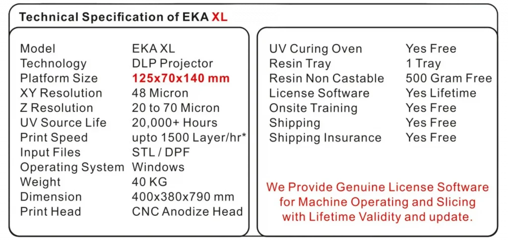 specification of eka xl 3d printer